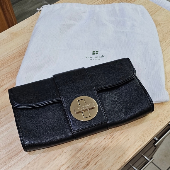 Kate Spade Black Leather 2 Way Clutch Shoulder Handbag Gold Chain & Dustbag EUC - Picture 2 of 16